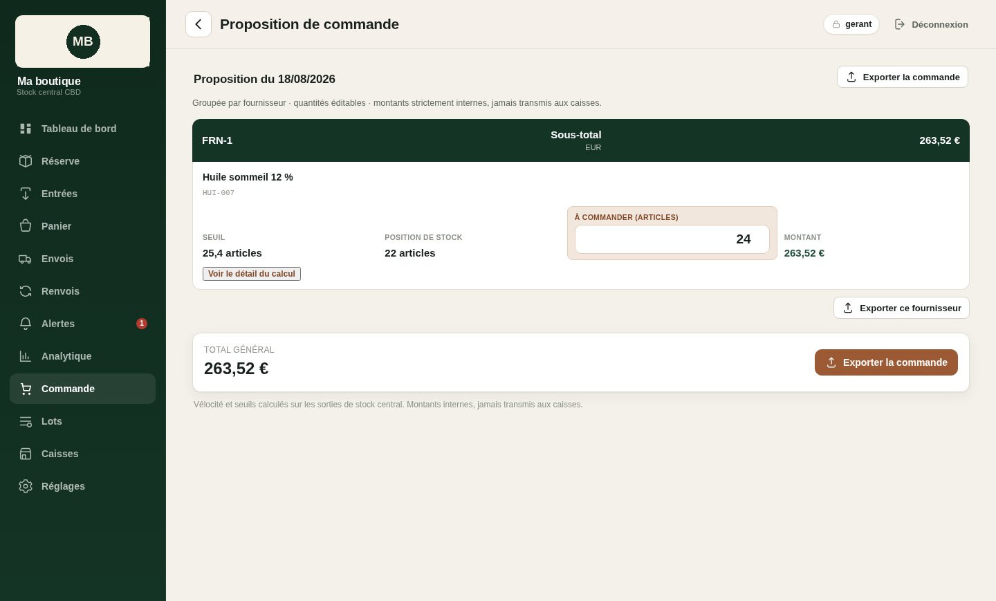 La commande au fournisseur est déjà préparée à partir des seuils ; le gérant ajuste les quantités et exporte, capture d’écran, données de démonstration