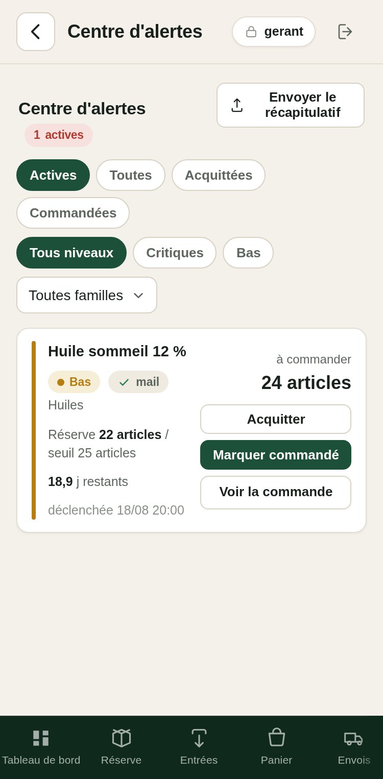 Le gérant voit d’un coup d’œil ce qui est bas : acquitter, marquer commandé ou ouvrir la commande, en trois gestes, capture d’écran, données de démonstration