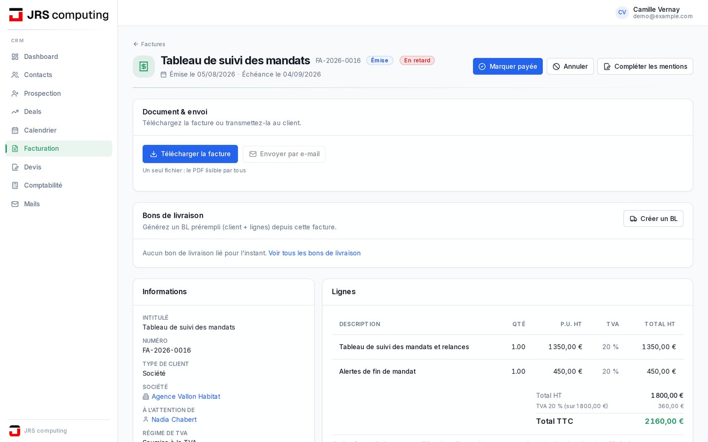 Une facture émise sur l’instance de démonstration : numérotée, en retard, avec les boutons pour la marquer payée ou la télécharger, capture d’écran, données de démonstration