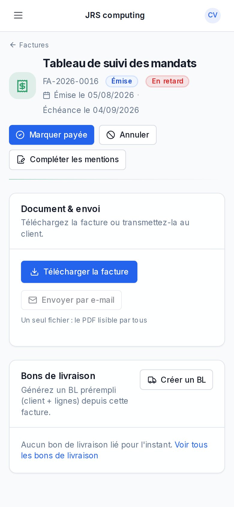 Une facture émise, en retard, sur téléphone : on la marque payée ou on l’annule d’une main, capture d’écran, données de démonstration