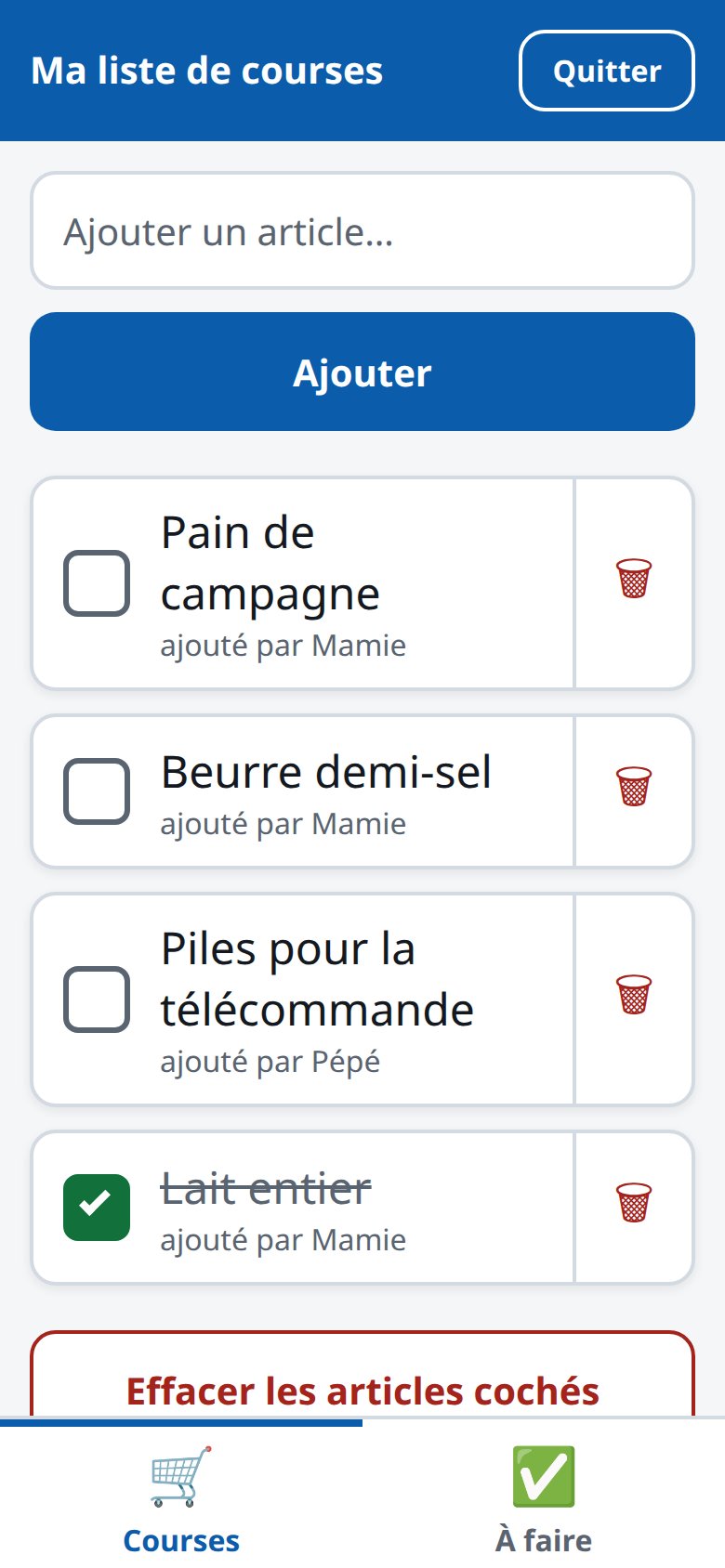 La même liste partagée sur téléphone : texte large, cases à cocher larges, capture d’écran, données de démonstration