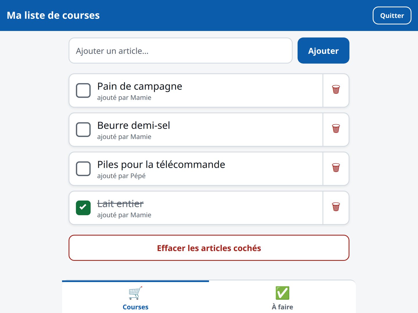 La liste de courses de mes grands-parents sur tablette : ce que l’un ajoute, l’autre le voit ; on coche, on efface les articles cochés, capture d’écran, données de démonstration