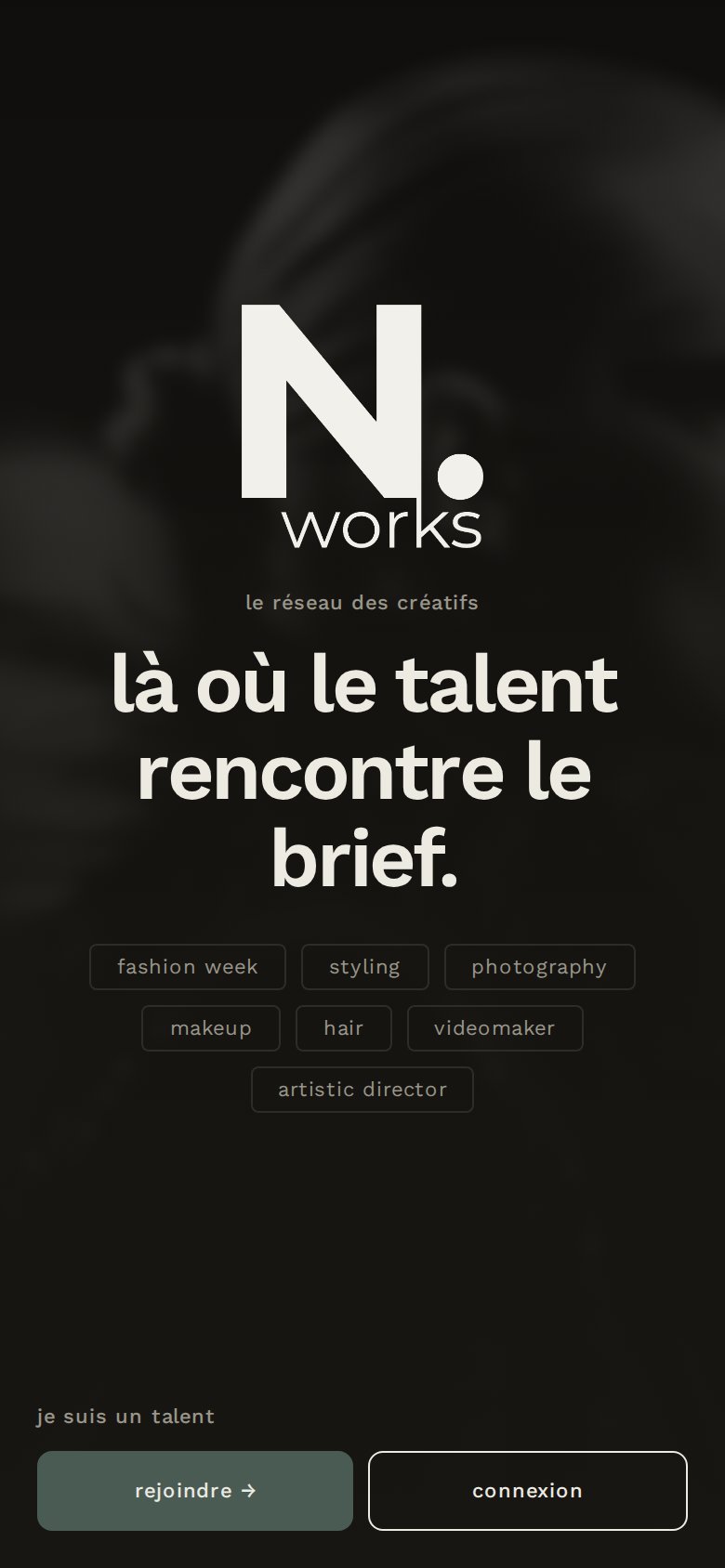 Écran d’accueil de l’application côté talents : rejoindre ou se connecter, capture d’écran, données de démonstration