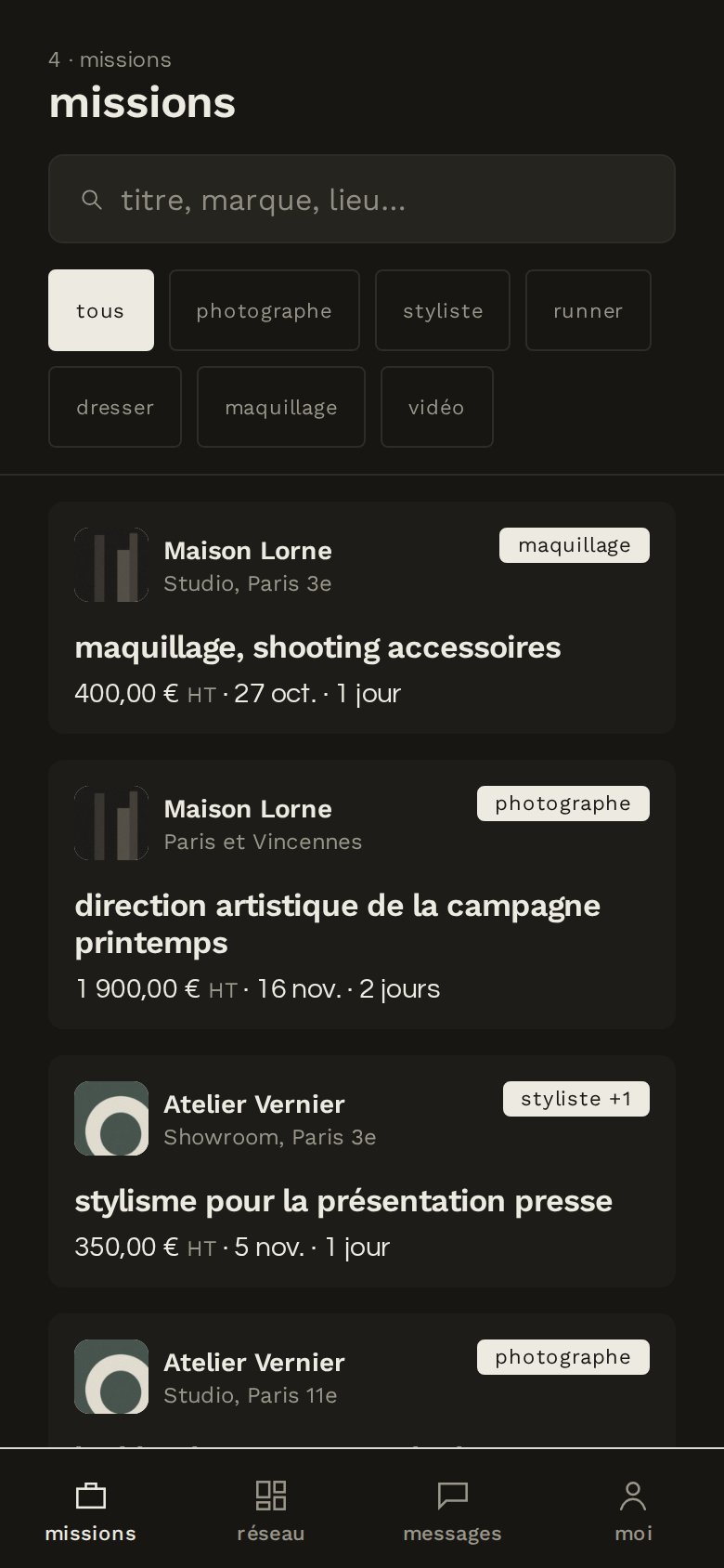 Côté talent : les missions publiées, avec recherche et filtre par métier, capture d’écran, données de démonstration