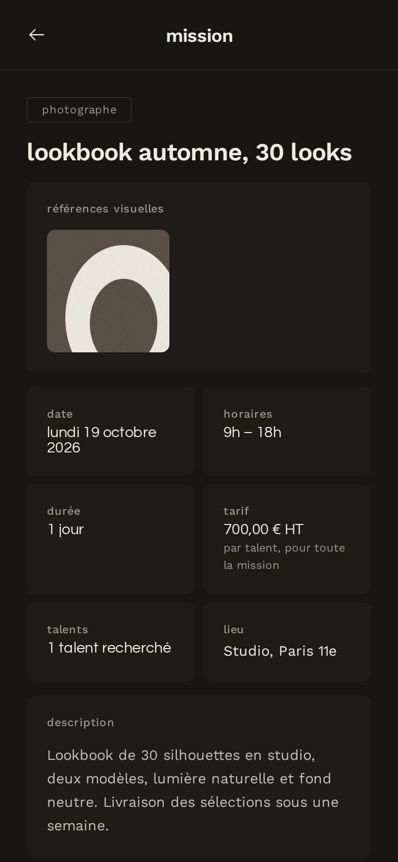 Une mission vue par un talent : date, horaires, durée, tarif hors taxes, lieu, description, capture d’écran, données de démonstration