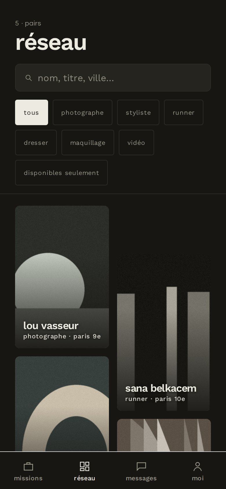Le réseau : les autres talents, avec recherche et filtres, capture d’écran, données de démonstration
