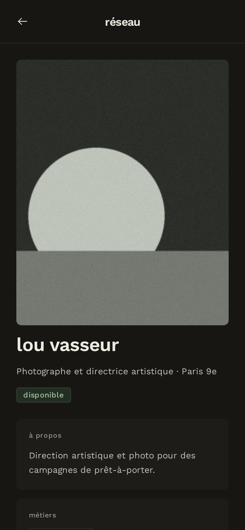 La fiche d’un autre talent, sans son taux horaire ni ses données privées, capture d’écran, données de démonstration