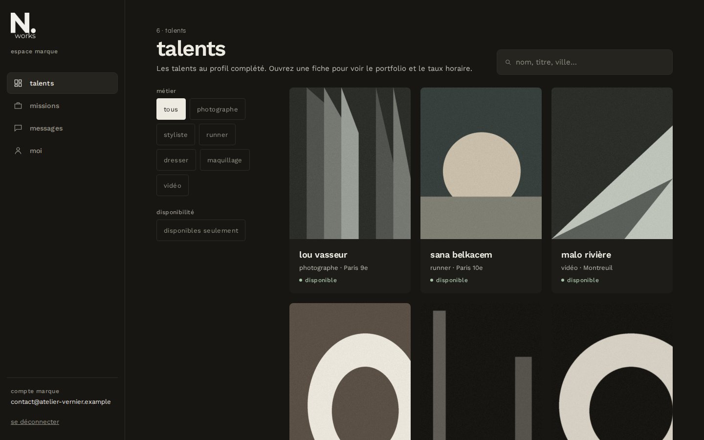 Côté marque : le vivier de talents, avec recherche et filtres par métier et disponibilité, capture d’écran, données de démonstration