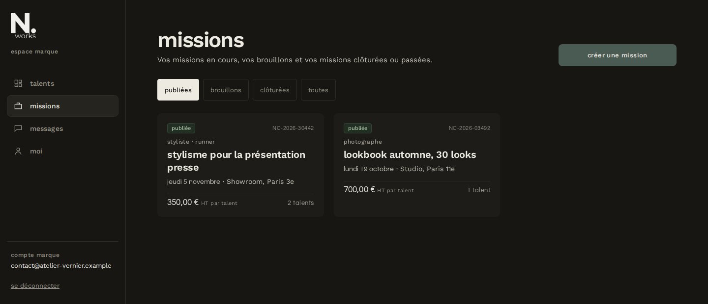 Les missions d’une marque, classées en publiées, brouillons et clôturées, capture d’écran, données de démonstration