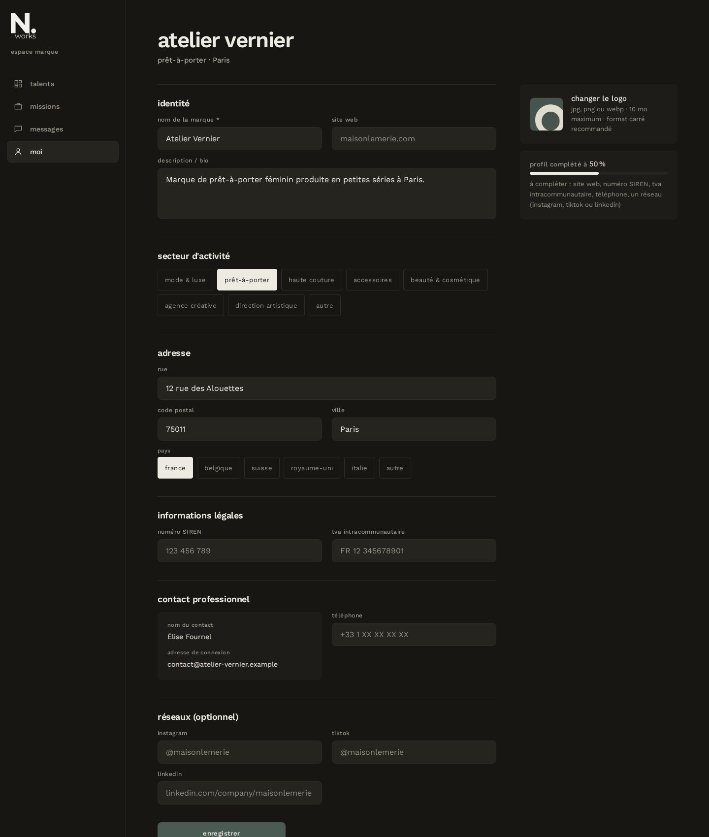 Le profil d’une marque : identité, secteur, adresse, informations légales, contact, réseaux, capture d’écran, données de démonstration